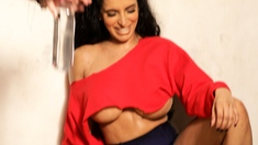 Hot brunette amateur MILF rides hubbys cock