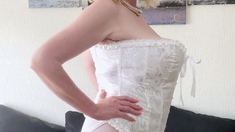 Mature blonde in stockings dildos her sweet cunt