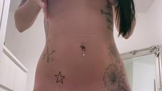 Busty curly brunette with big boobs fucks on couch