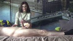 Brunette handjob amateur pulls for cum with lucky guy