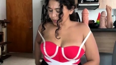 Busty curly brunette with big boobs fucks on couch