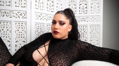 Busty curly brunette with big boobs fucks on couch