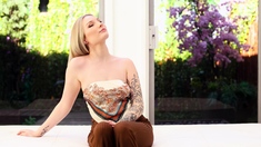 Masturbating busty blonde teen on couch with big toys