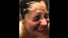 White sluts lets friends cum on her face!