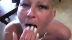 Bald Milf with cum in mouth